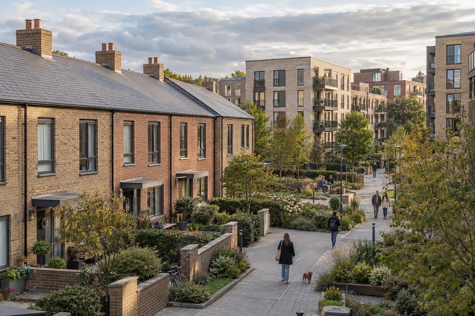 Brick homes and apartment buildings around a planted courtyard